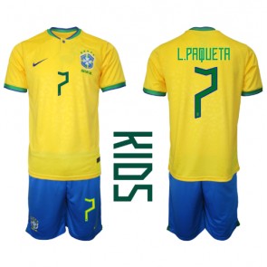 Brasilien Lucas Paqueta #7 Hjemmebanesæt Børn VM 2022 Kort ærmer (+ korte bukser)